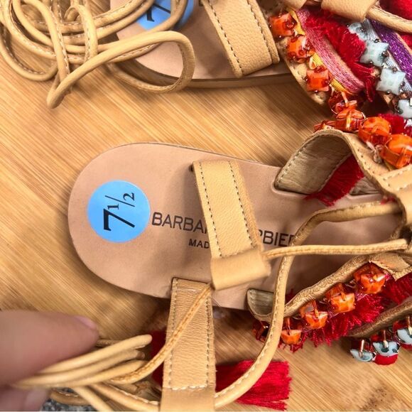 Sz 7.5 Barbara Barbieri Leather Lace Up Tassel Studded Pom Pom Strappy Sandals - Picture 11 of 13